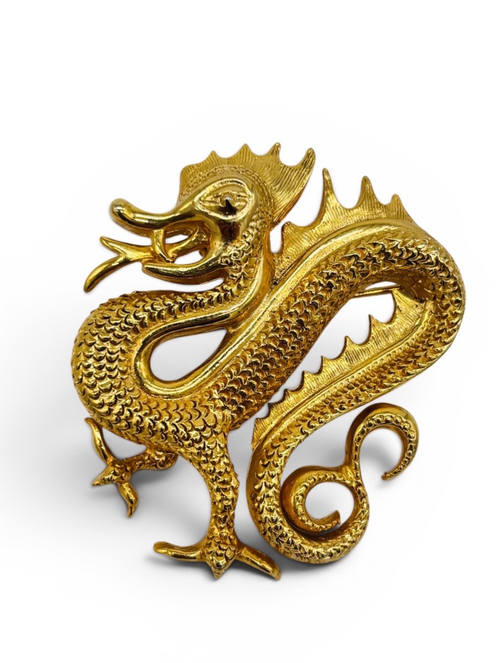 Vintage Gold Tone Dragon Brooch | Asian Dragon Pin | Mythical Statement Jewelry